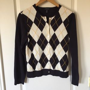 Lands’ End blue and gold argyle cardigan